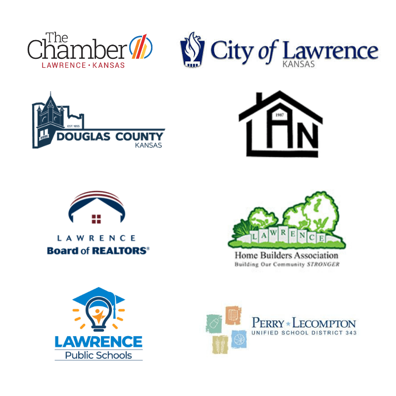 Partners SM Logos of The Chanber, City of Lawrence, Douglas County Kansas Lawrence Boards of realtors, Lawrence Public Schools.